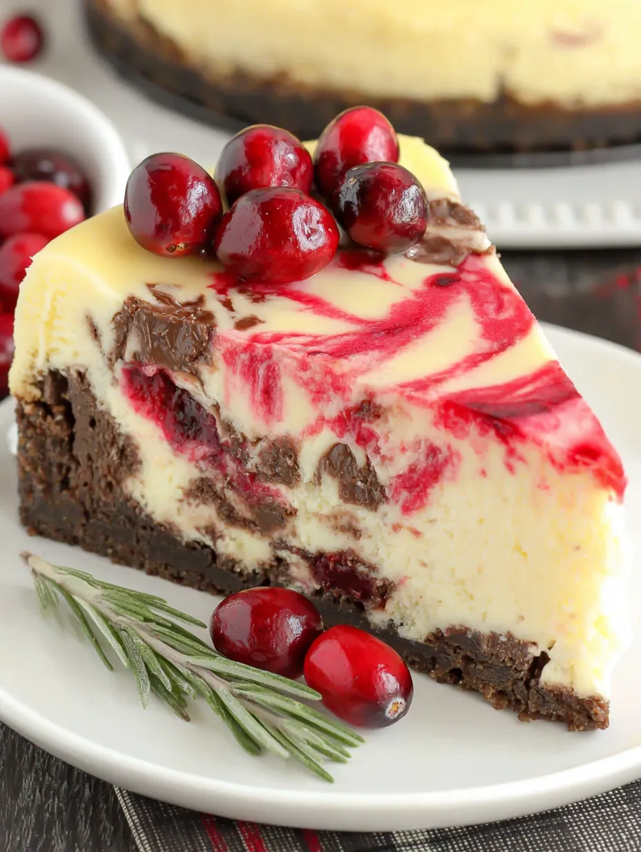 A slice of cranberry fudge swirl cheesecake.