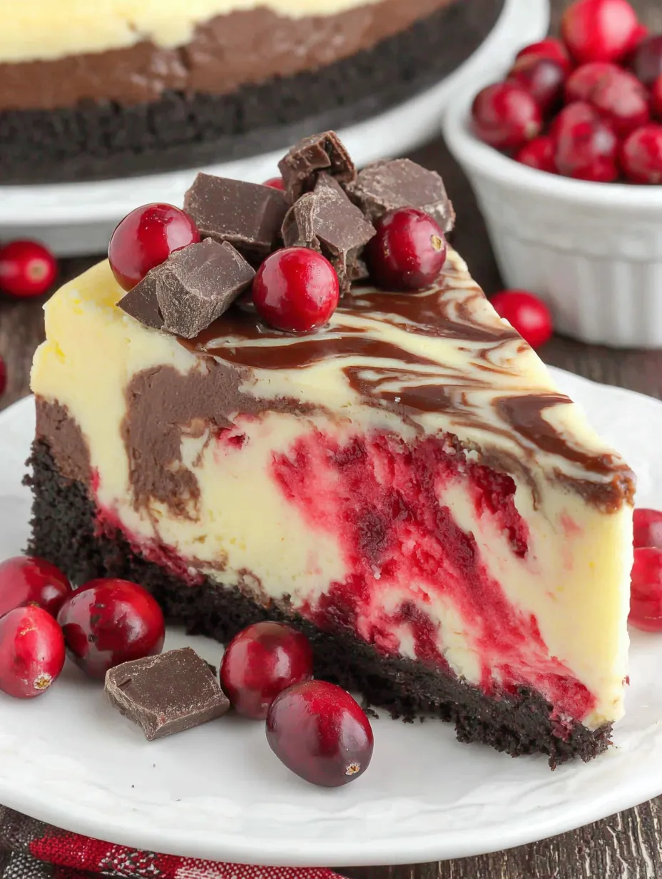 A slice of cranberry fudge swirl cheesecake.
