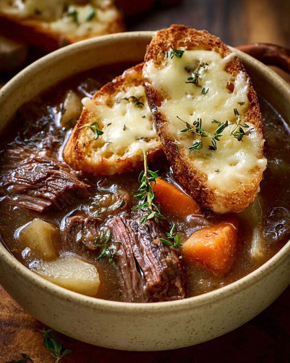 A bowl of soup with bread and meat in it.