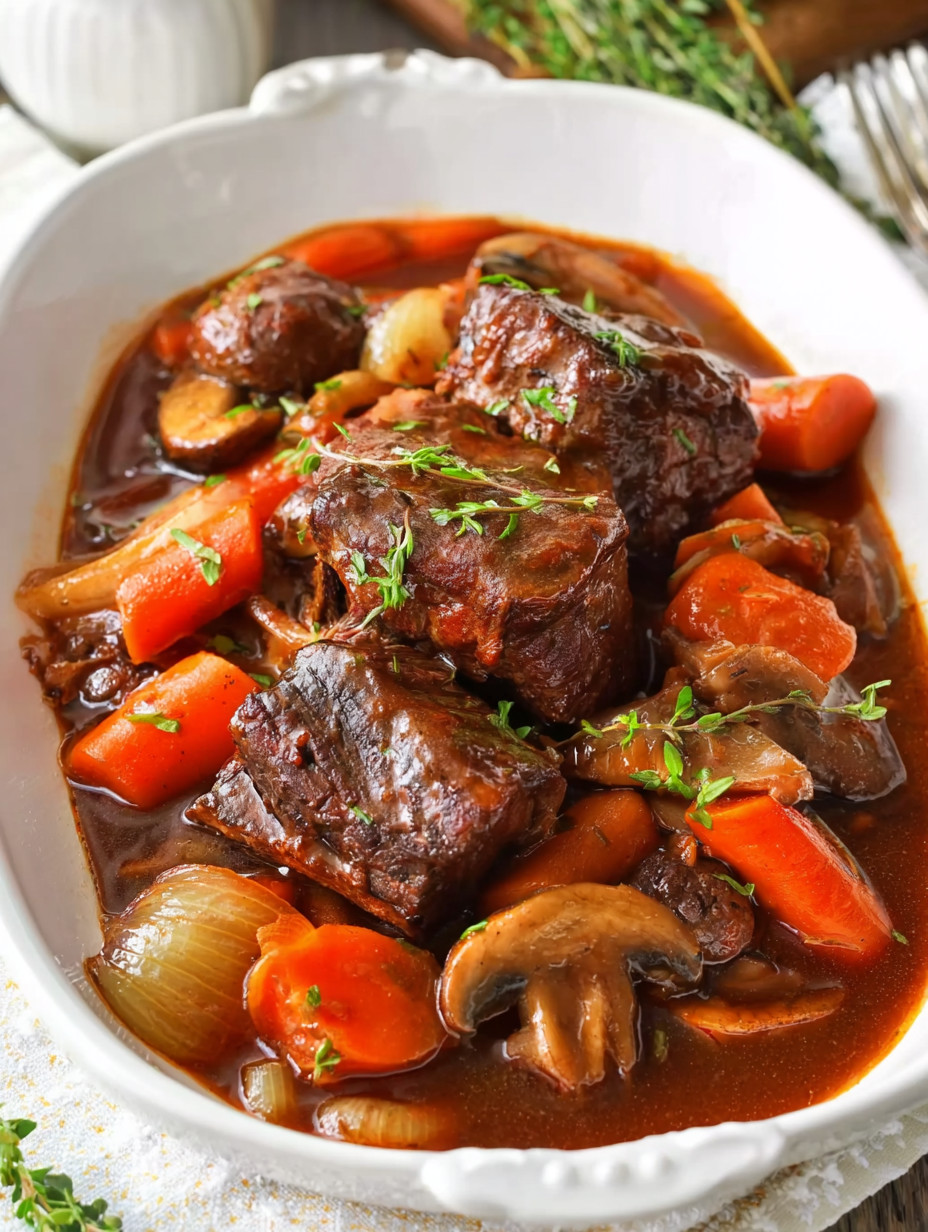 A bowl of French Braised Short Ribs in a Red Wine Sauce.