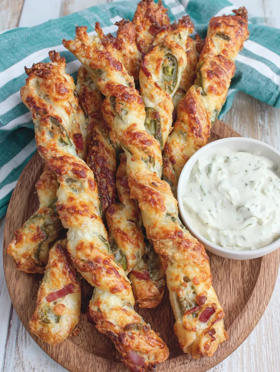 A plate of cheesy jalapeno popper puff pastry straws.
