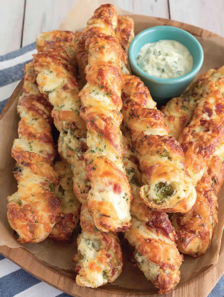 A plate of cheesy jalapeno popper puff pastry straws.