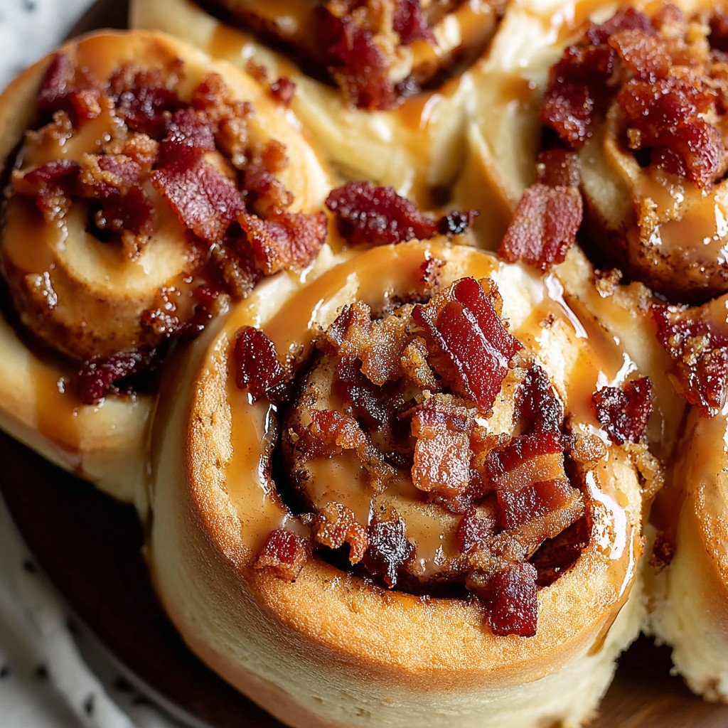 Bacon cinnamon rolls with maple glaze.