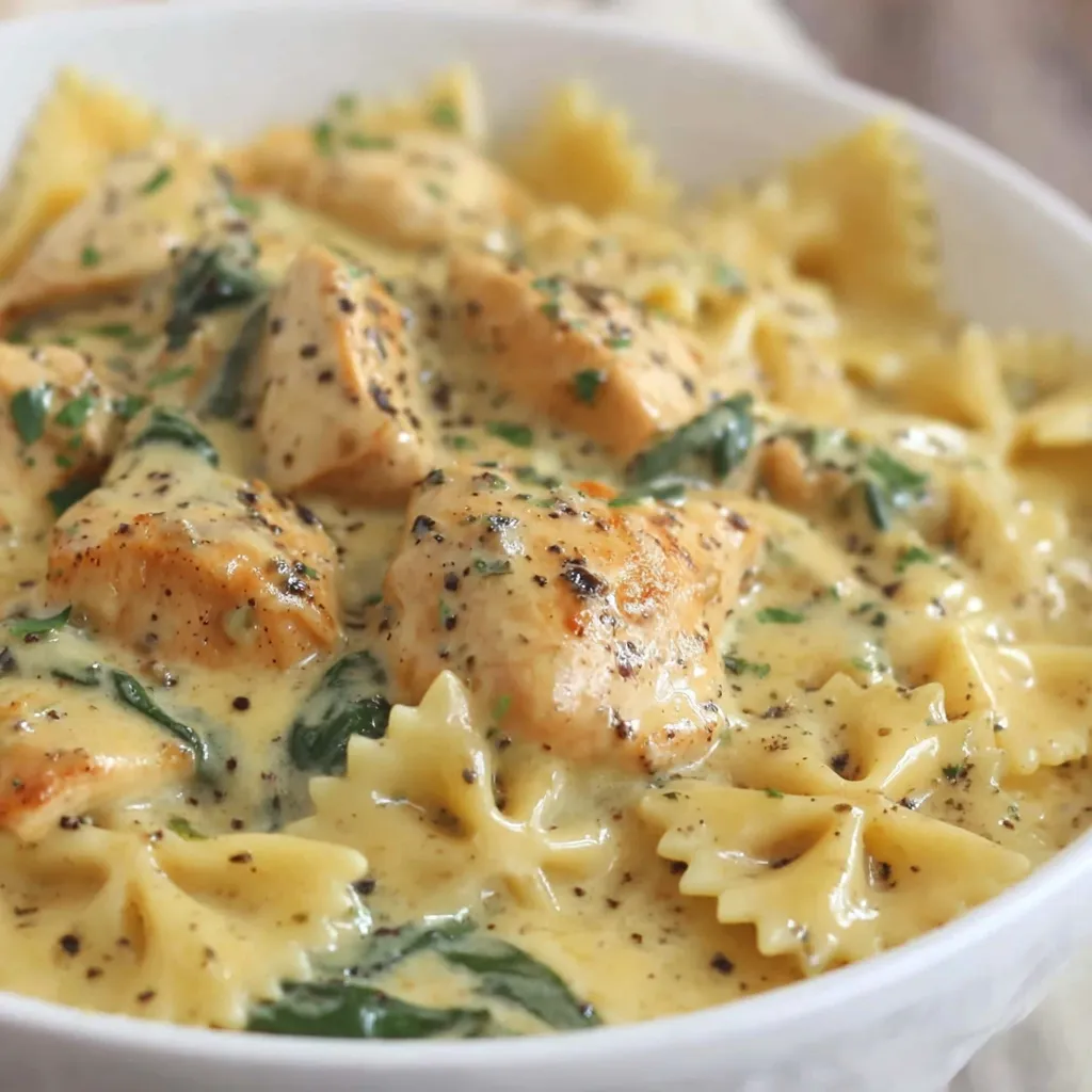 A bowl of Alfredo with chicken and spinach.