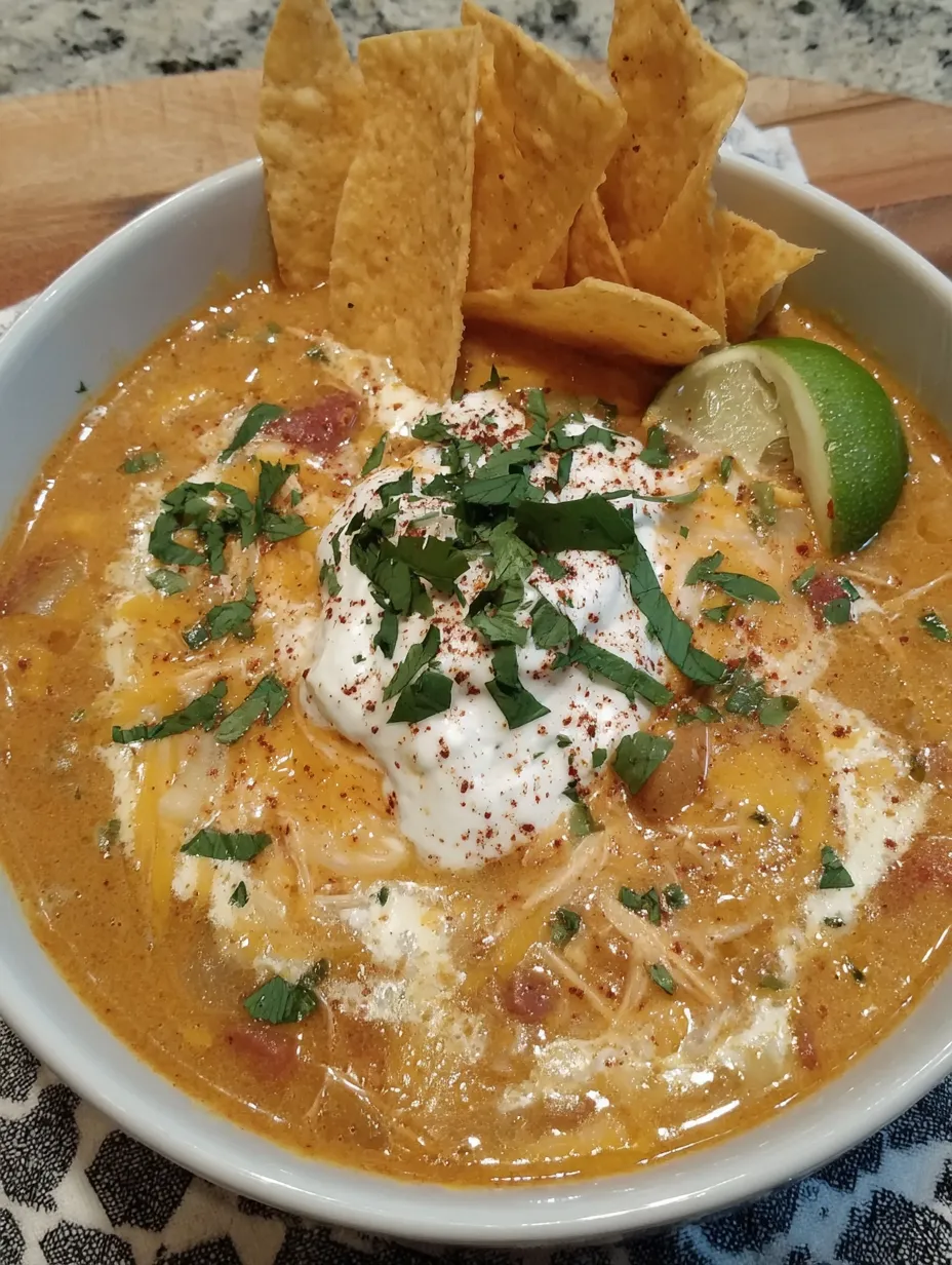 A bowl of chicken tortilla soup with a side of chips.
