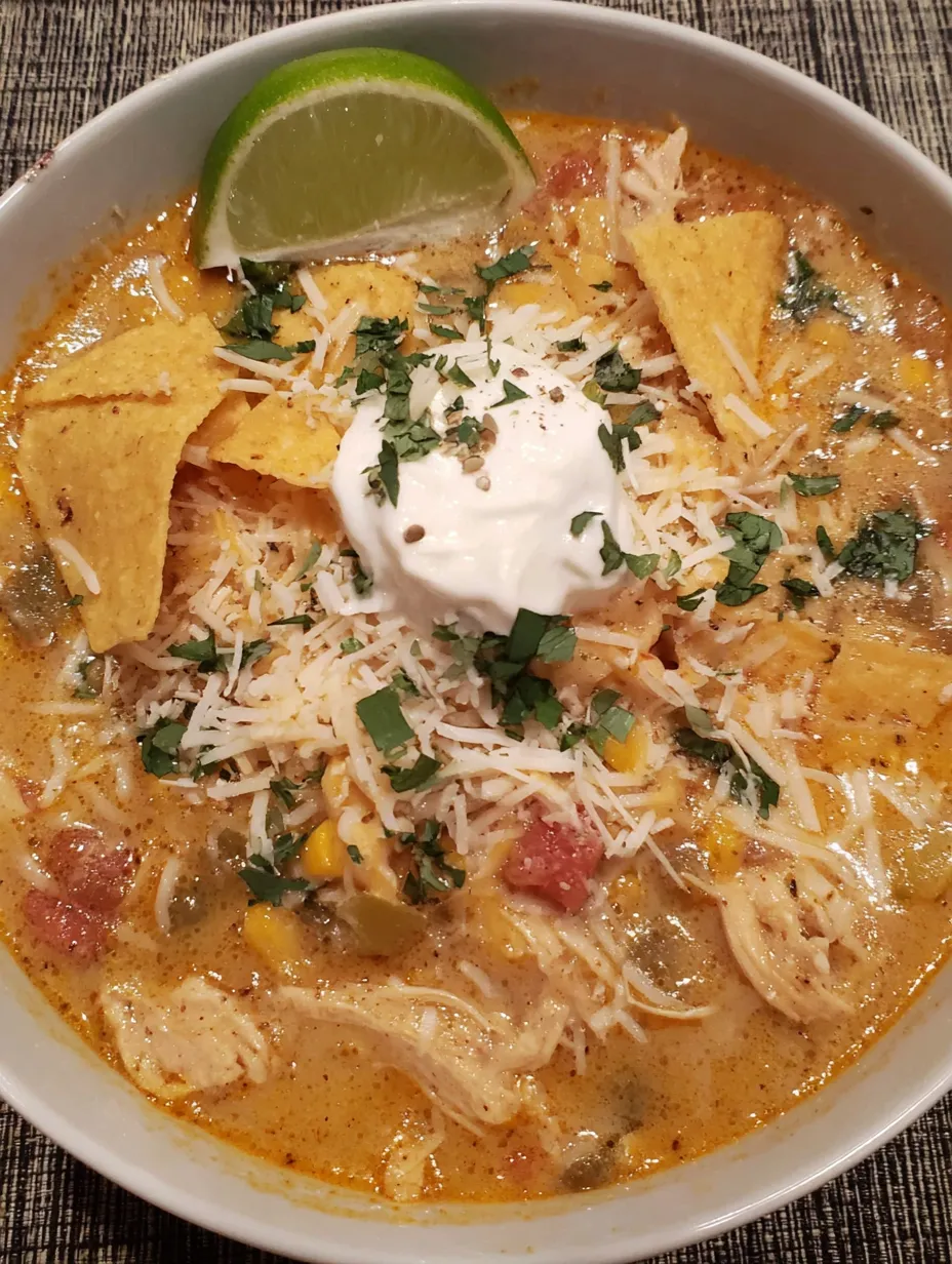 A bowl of chicken tortilla soup with a dollop of sour cream on top.