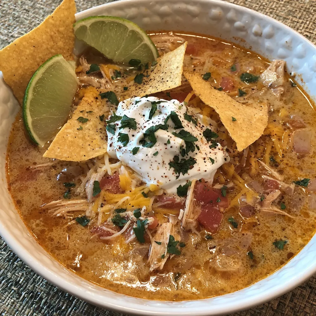 A bowl of chicken tortilla soup with a spoon and a lime wedge.