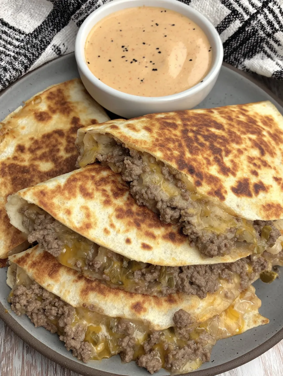 A plate of cheeseburger quesadillas with dipping sauce.