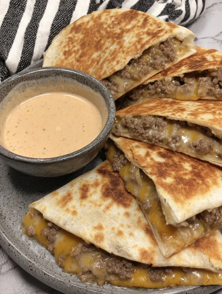 A plate of cheeseburger quesadillas with dipping sauce.