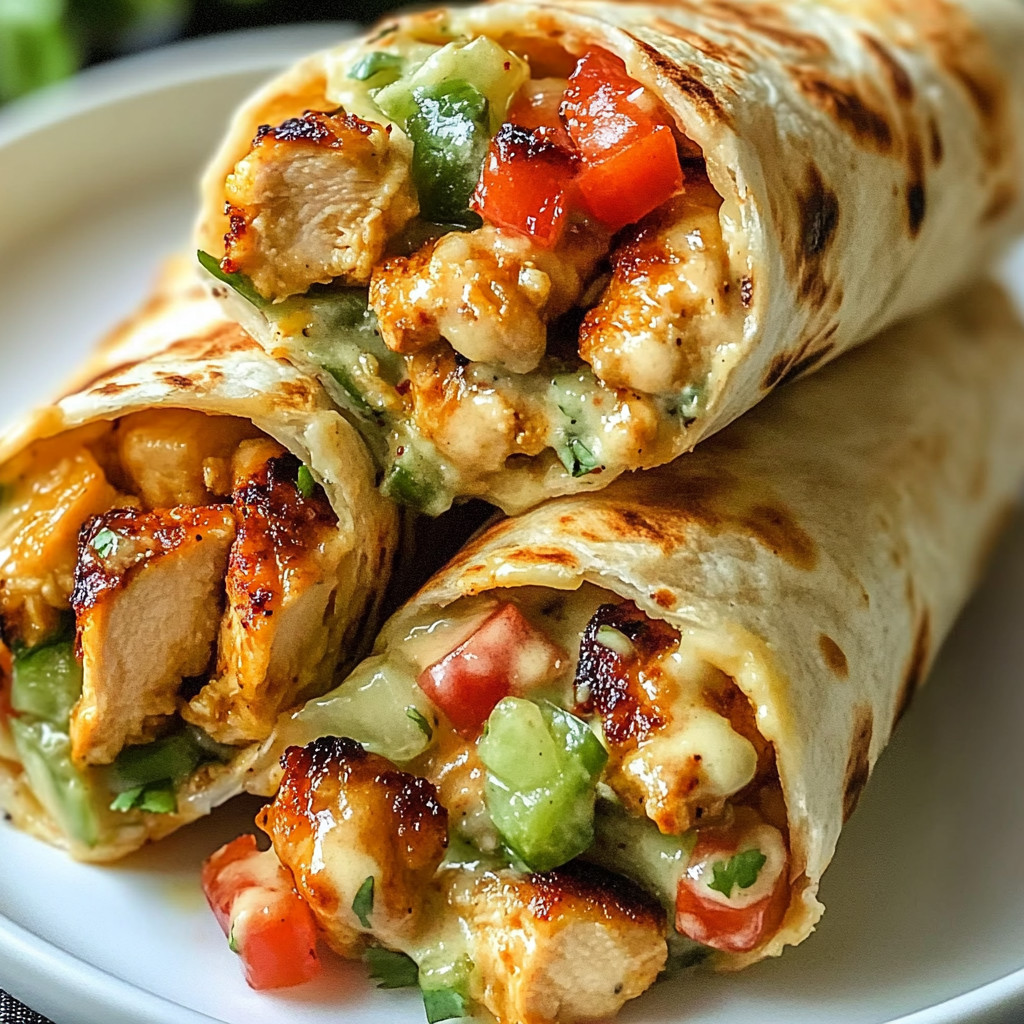 A burrito with chicken and tomatoes.