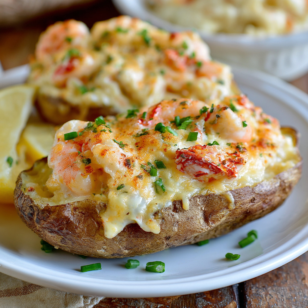 A plate of seafood stuffed potatoes.