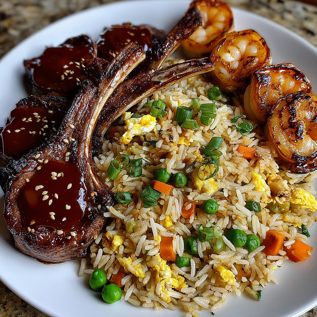 A plate of food with shrimp, rice, and lamb chops.