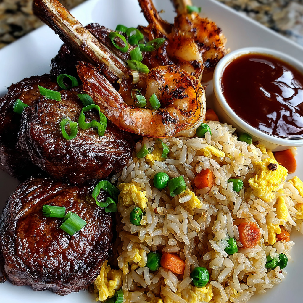 A plate of food with shrimp fried rice, lamb chops, and spicy yum yum sauce.