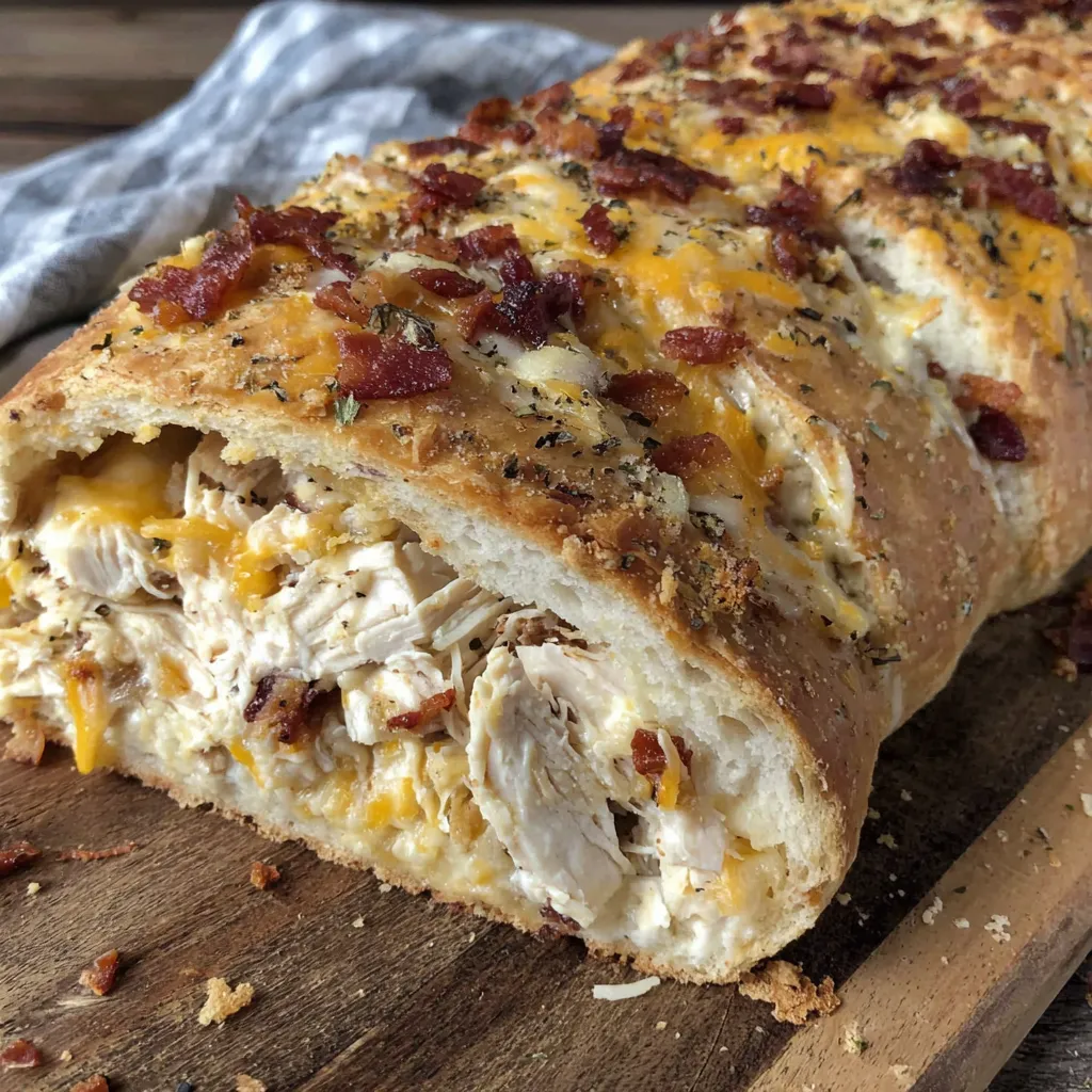 A chicken bacon ranch stromboli on a wooden table.