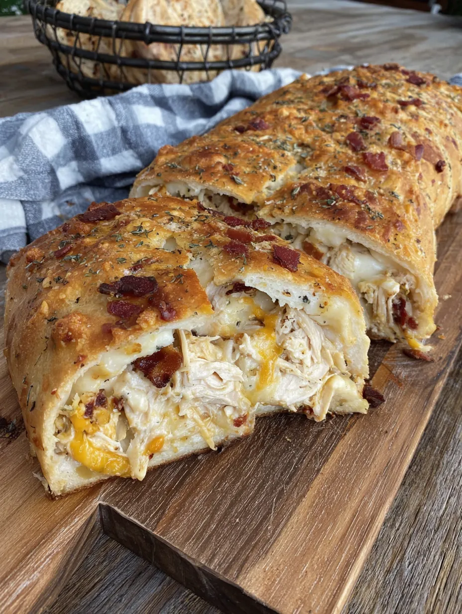 A chicken bacon ranch stromboli on a wooden cutting board.