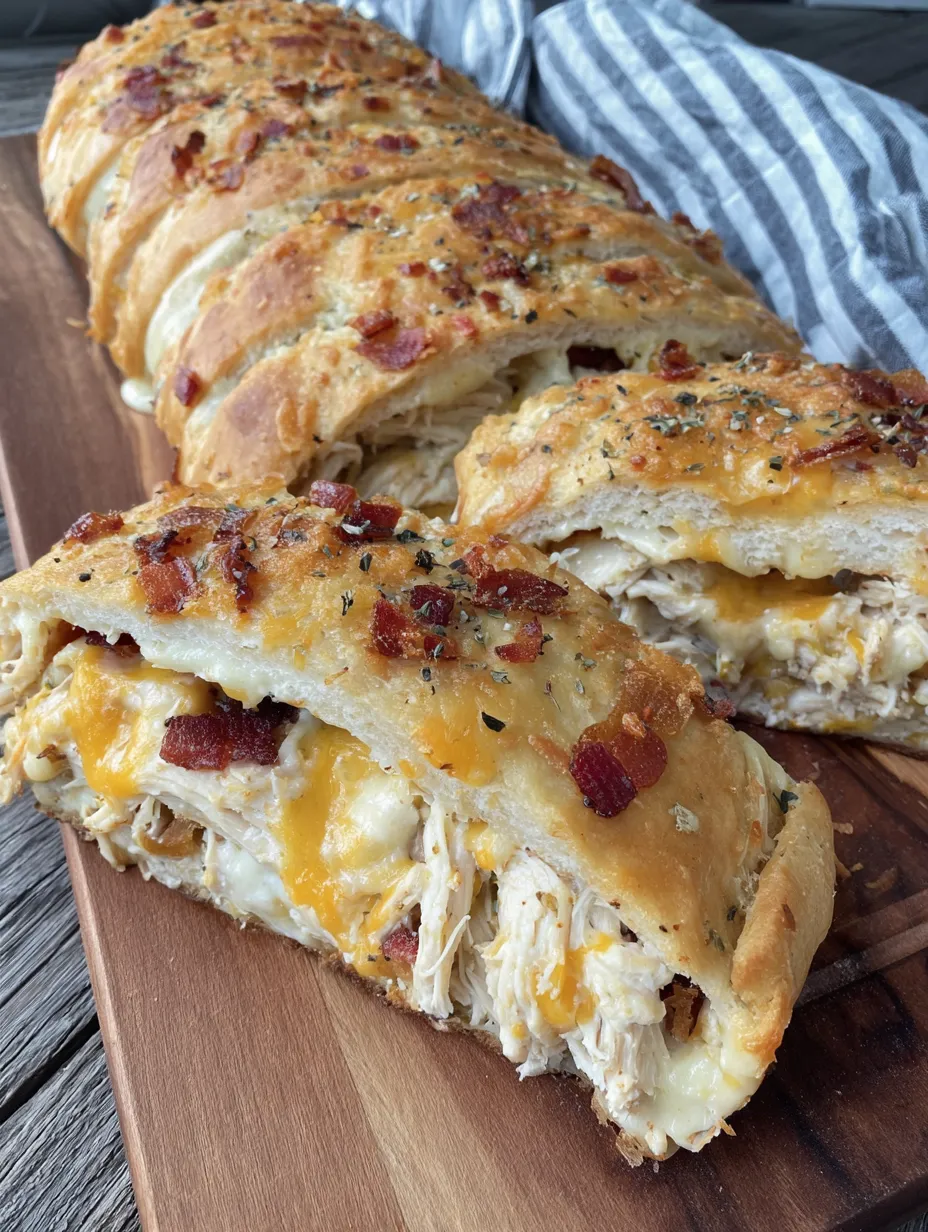 A close up of a chicken bacon ranch stromboli.