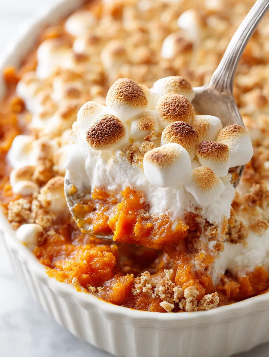 A spoon is in a bowl of sweet potato casserole.