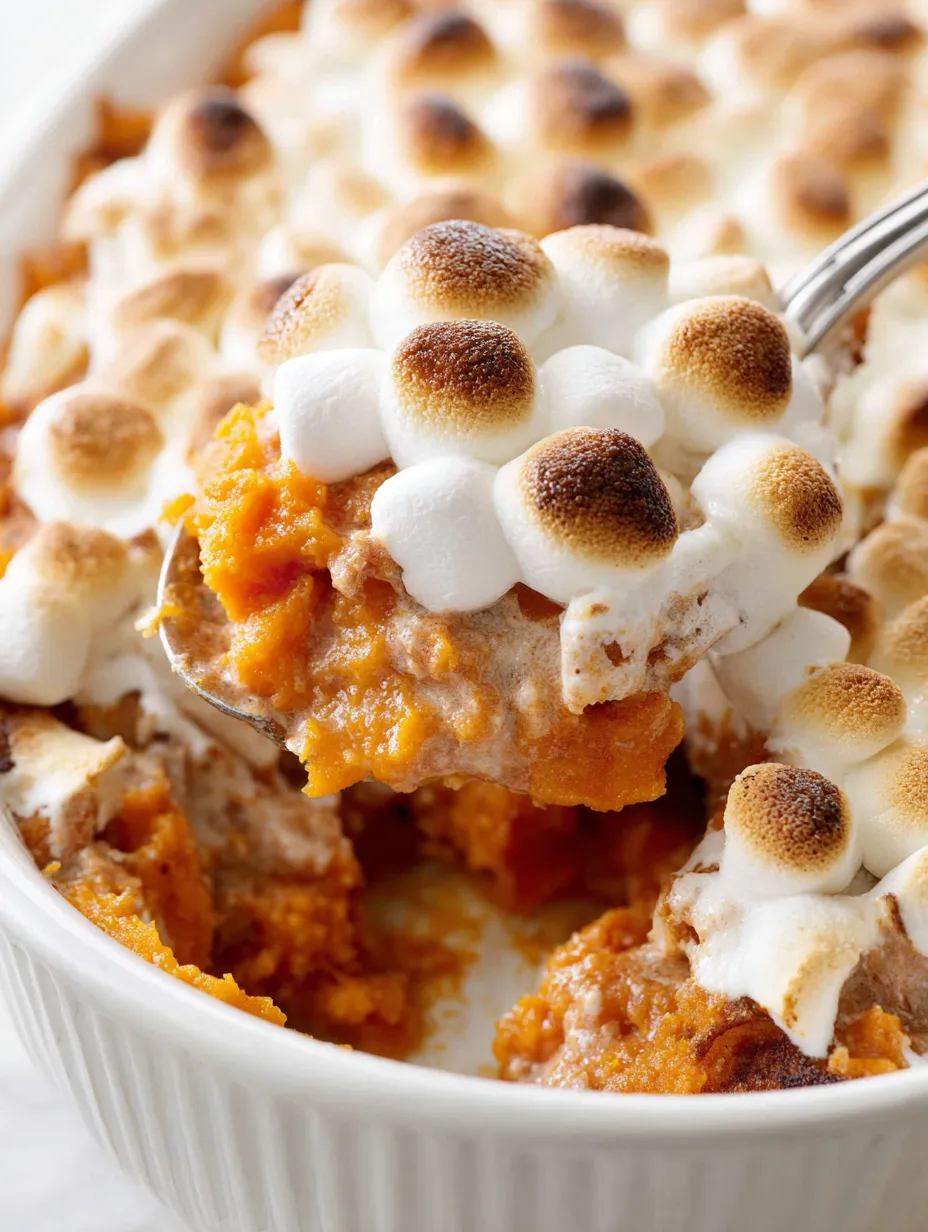 A spoon is in a bowl of sweet potato casserole.