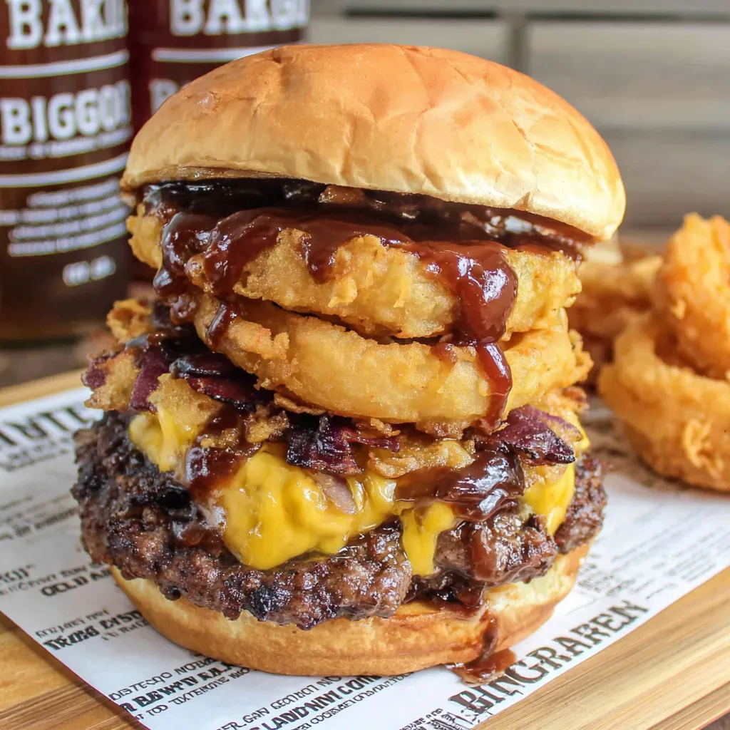 A BBQ Bacon Burger with a thick bun and lots of toppings.