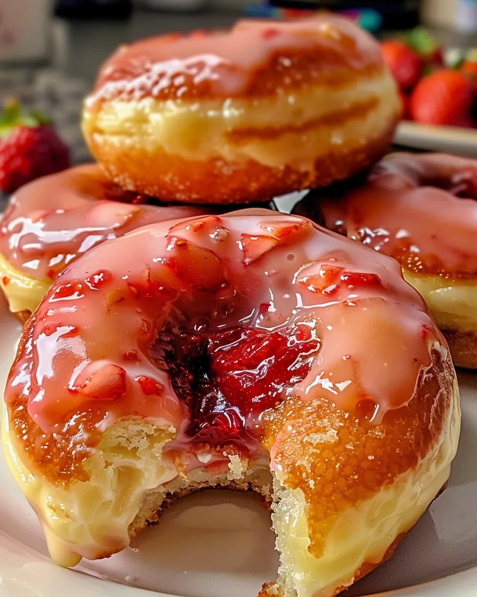 A plate of strawberry cheesecake stuffed donuts.