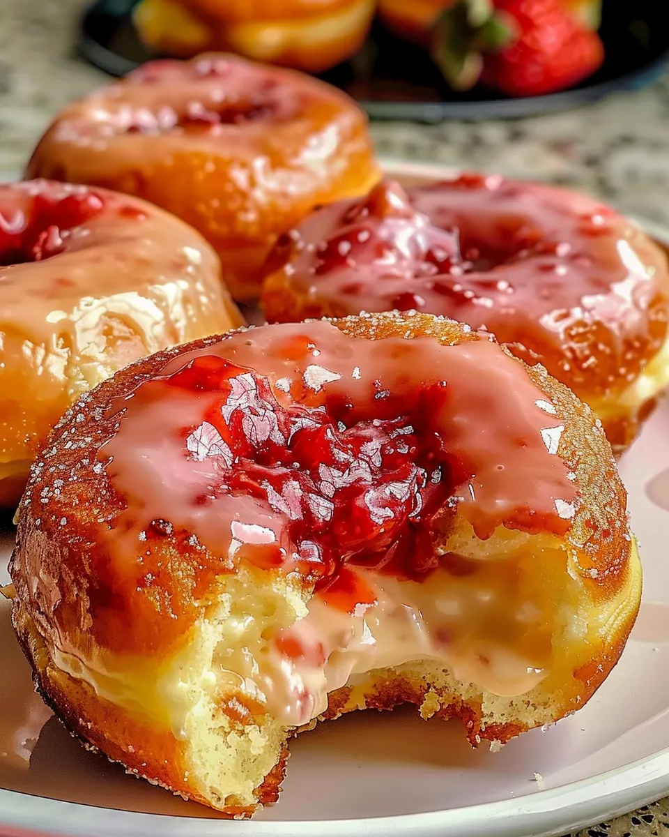 A plate of strawberry cheesecake stuffed donuts.