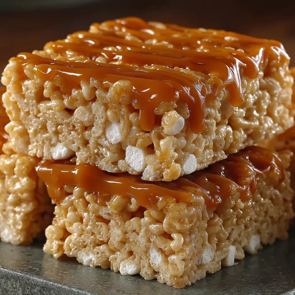 A stack of rice krispie treats with caramel sauce.