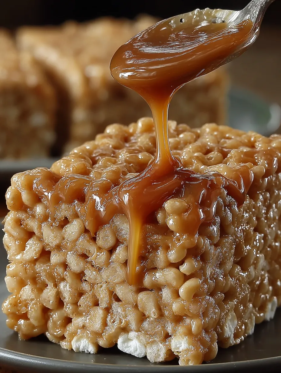 A close up of a rice krispie treat with caramel drizzled on top.