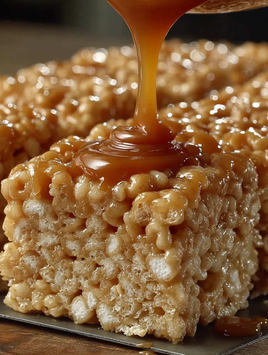 A close up of a rice krispie treat with caramel drizzled on top.