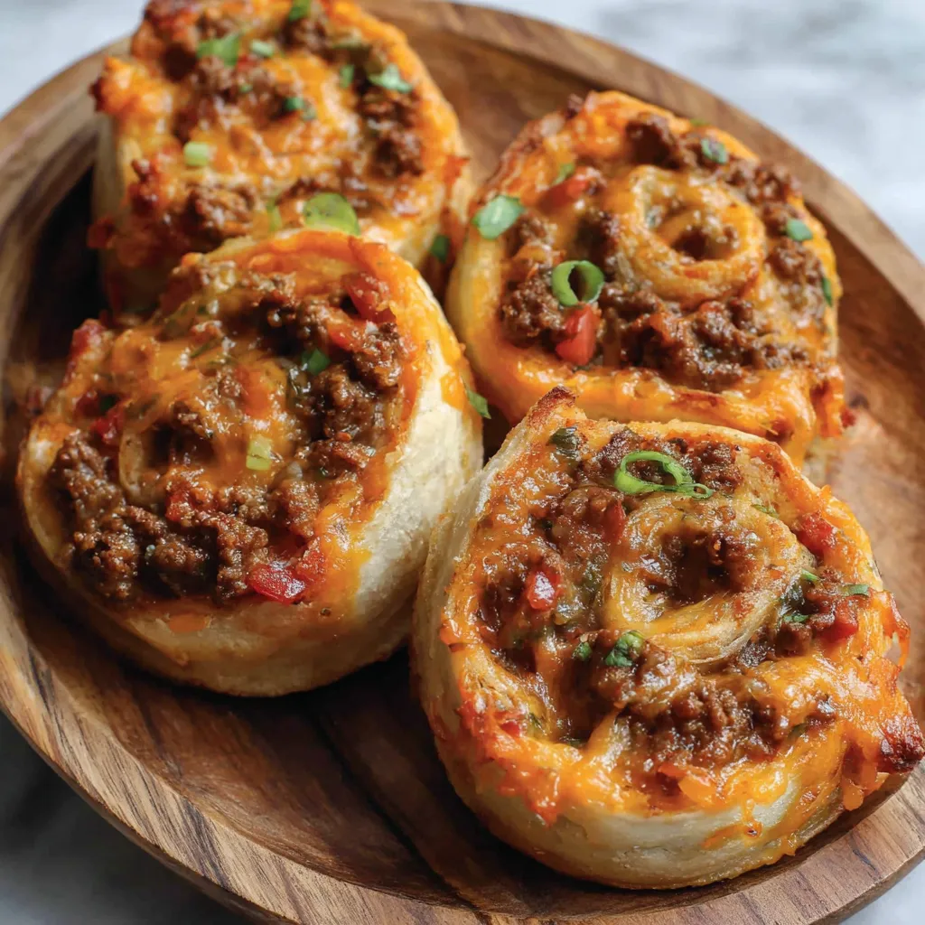 A plate of taco pinwheels with cheese and meat.