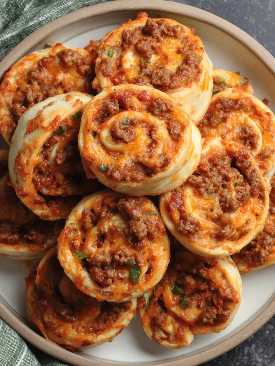 A plate of taco pinwheels with cheese and meat.