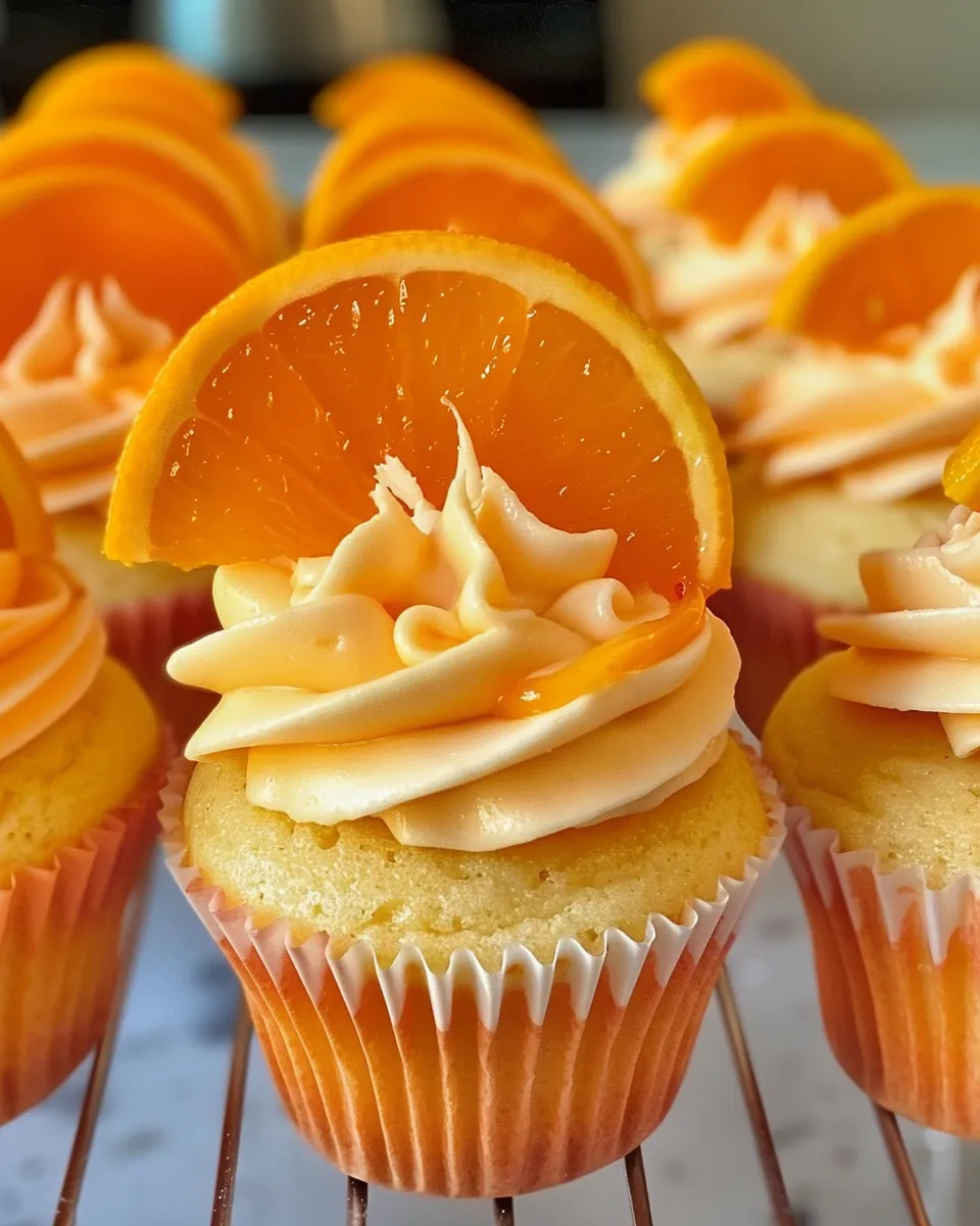 A cupcake with orange frosting and a slice of orange on top.