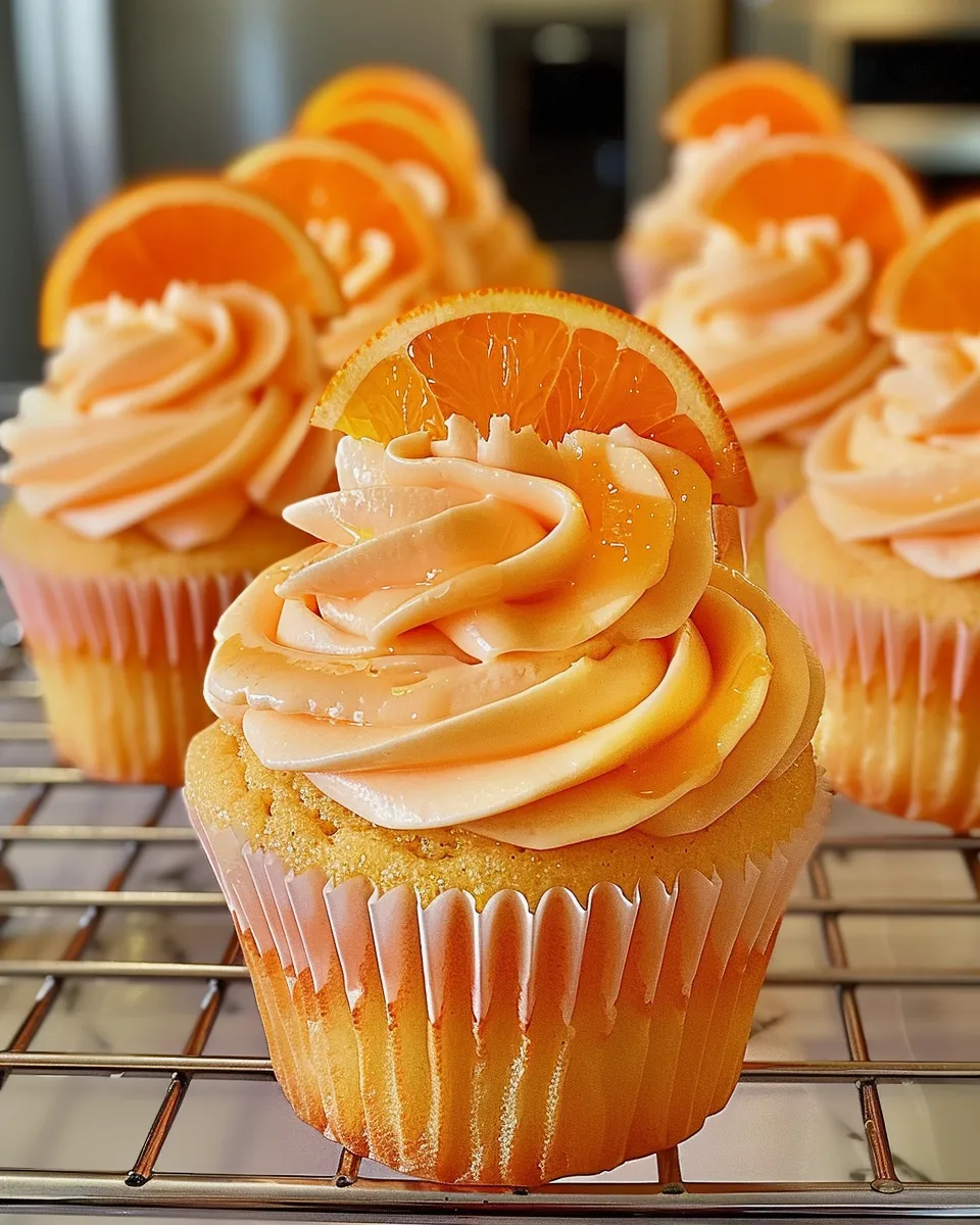 A close up of a cupcake with orange cream.