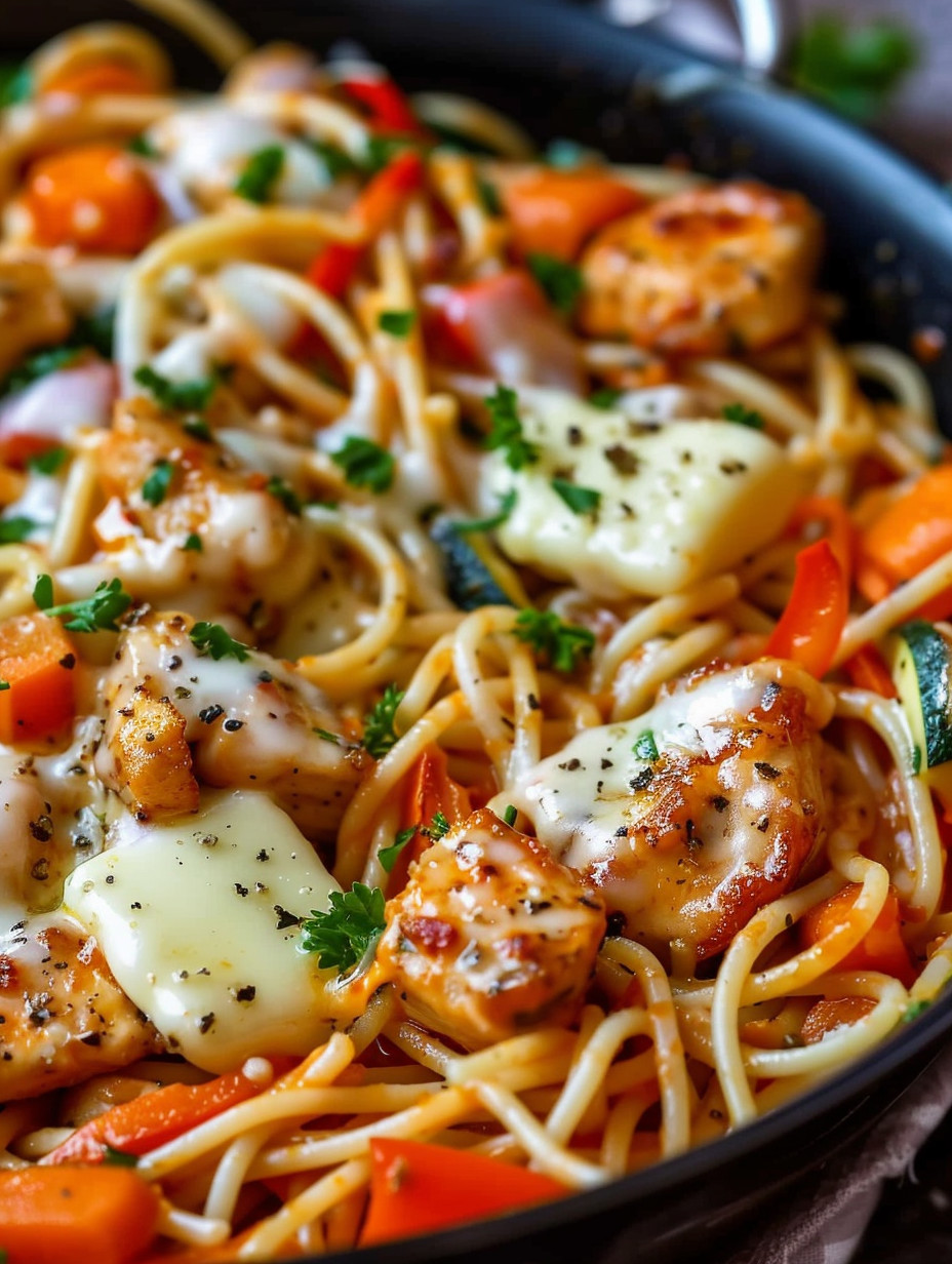 A plate of spaghetti with meat and vegetables.