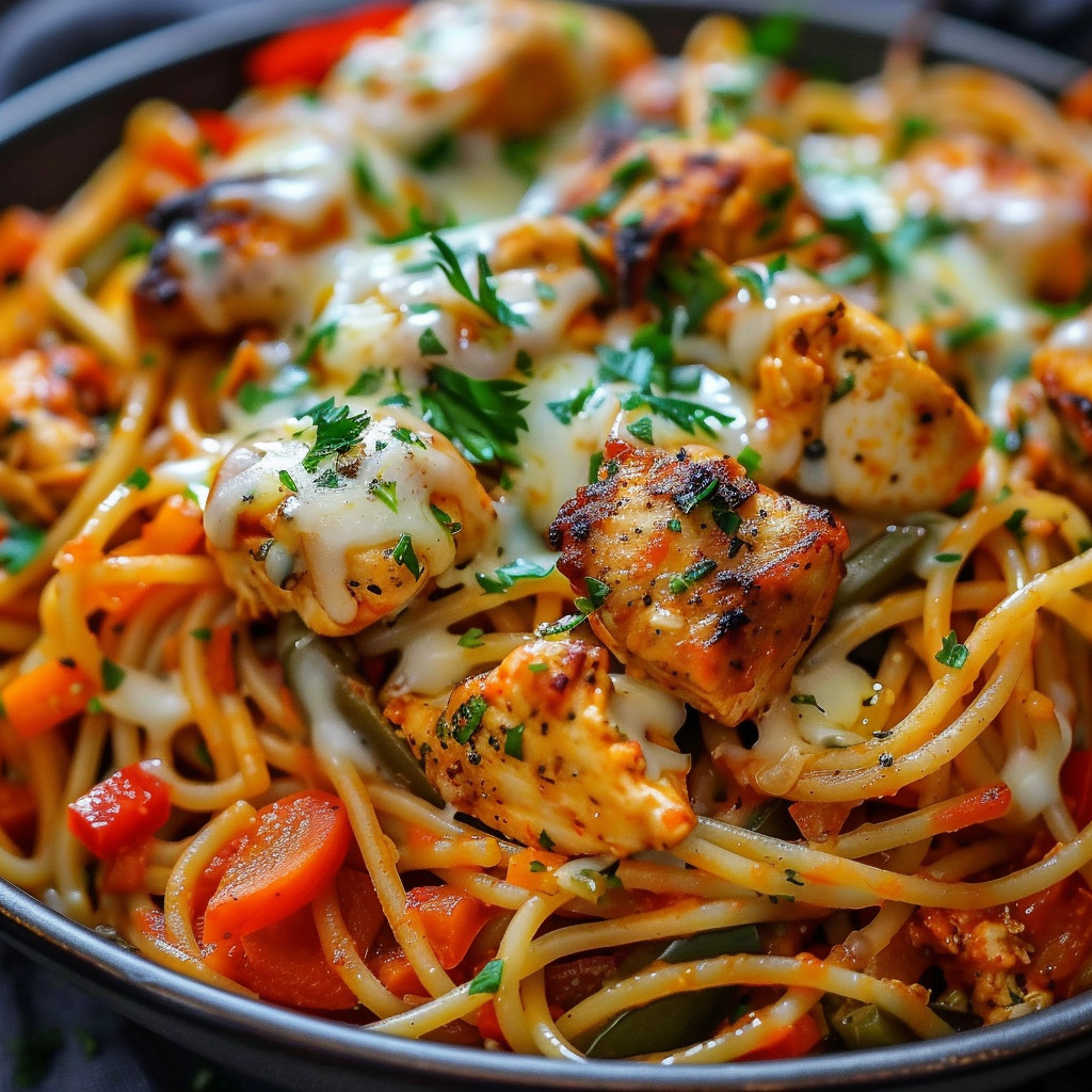 A delicious meal of chicken and vegetable spaghetti with garlic butter.