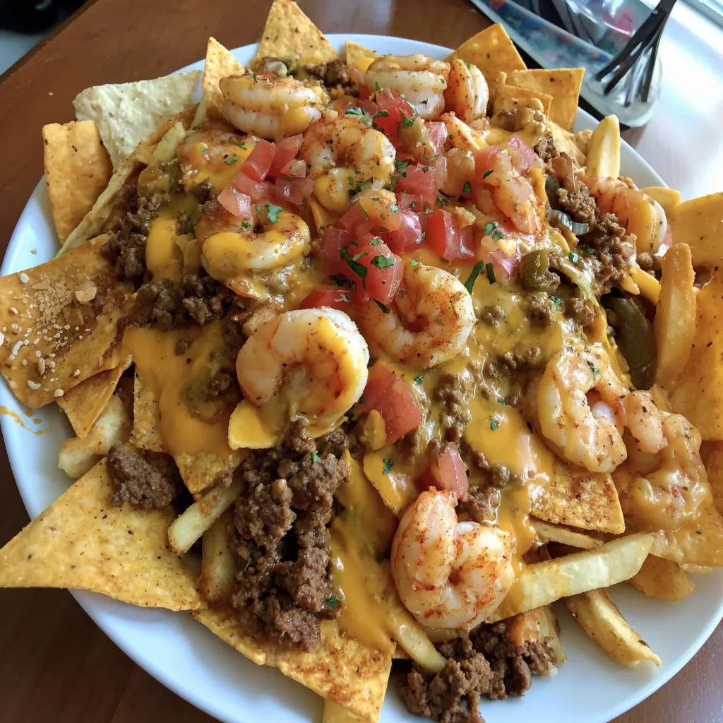 A plate of nacho fries with shrimp and beef toppings.