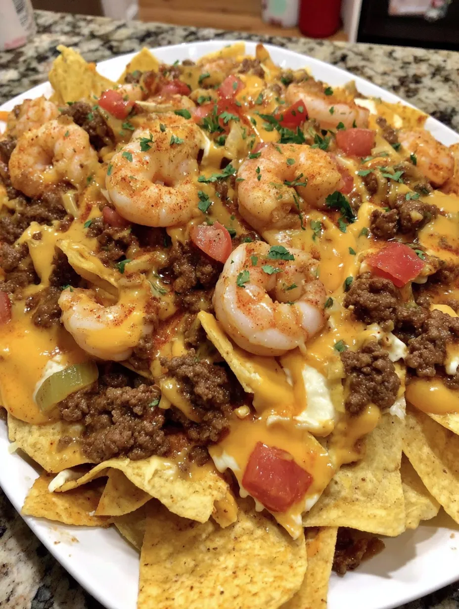 A plate of nacho fries with shrimp and beef.