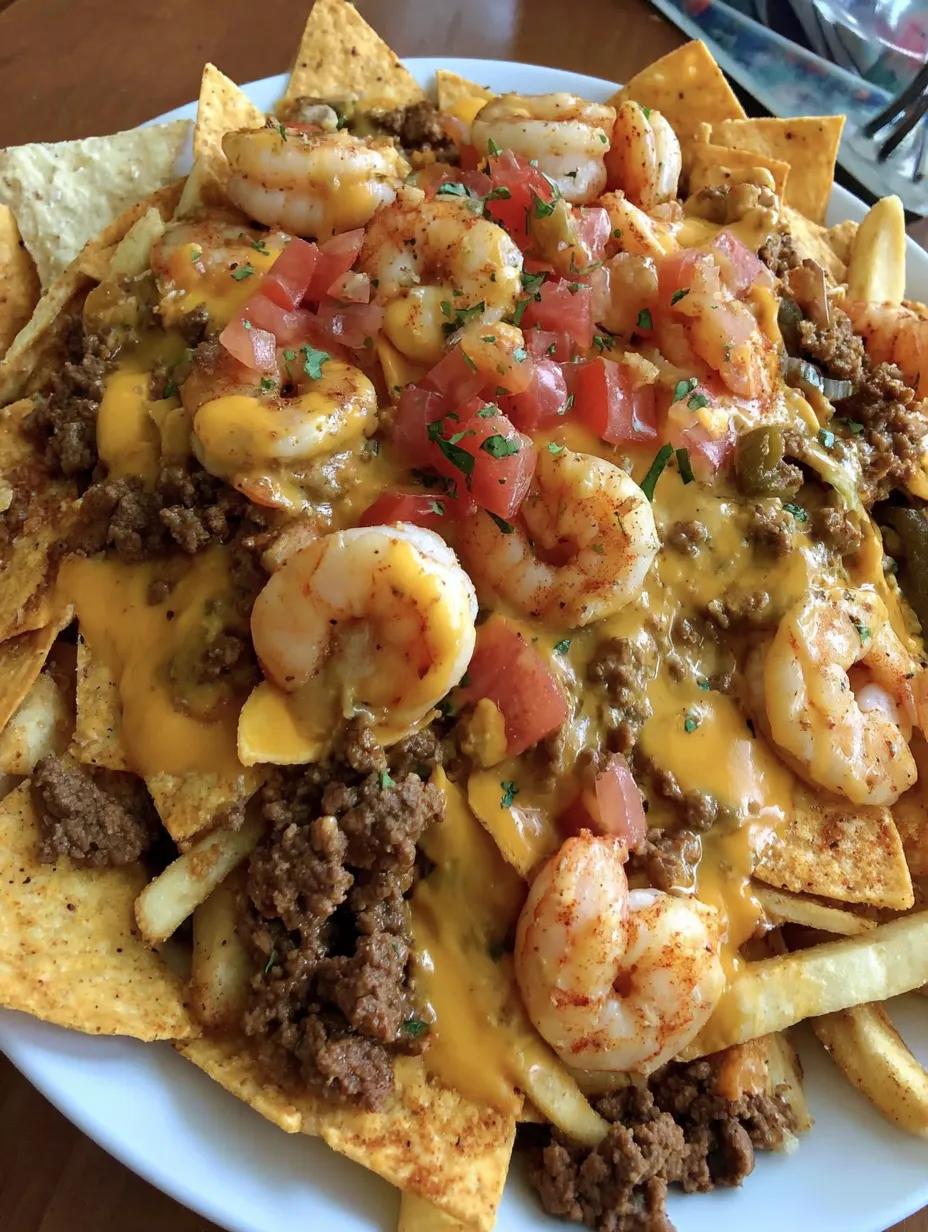 A plate of nacho fries with shrimp and beef.