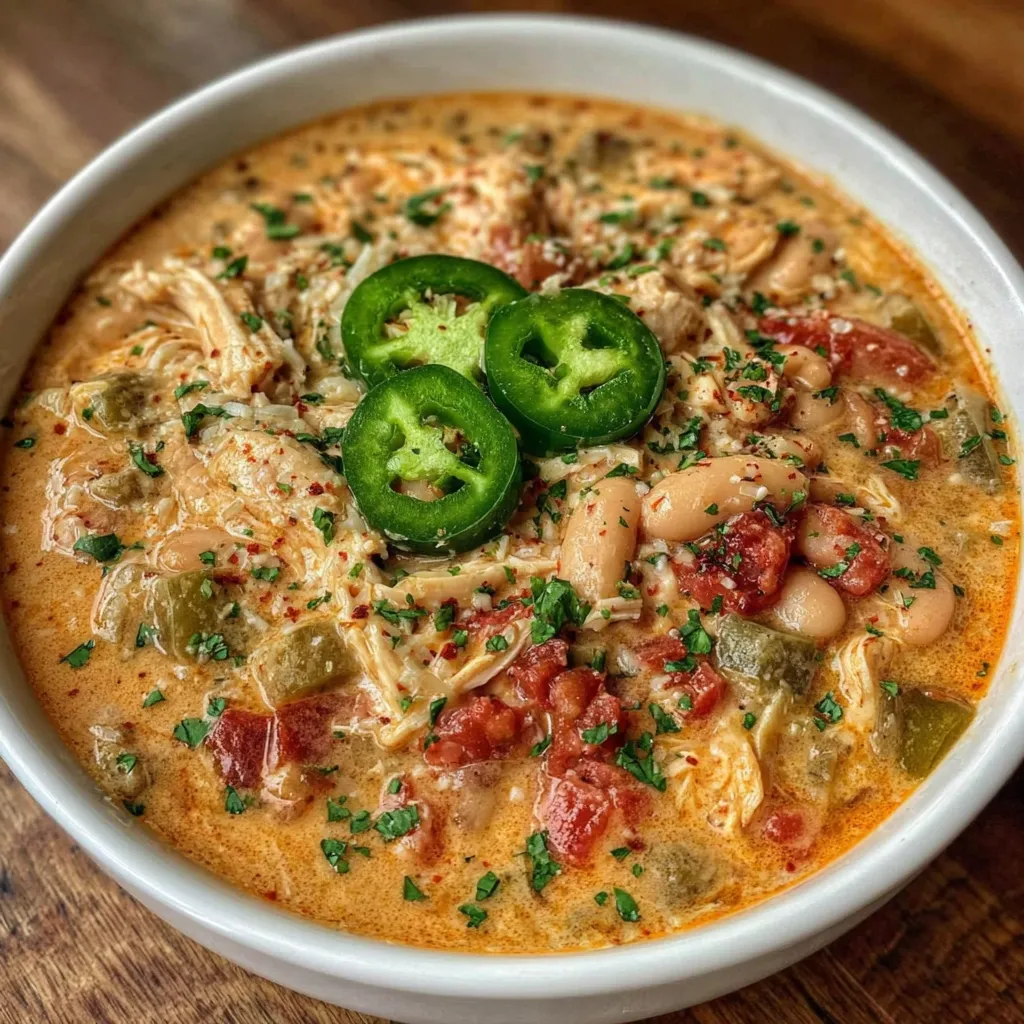 A bowl of Cajun White Chicken Chili with green peppers and jalapenos on top.