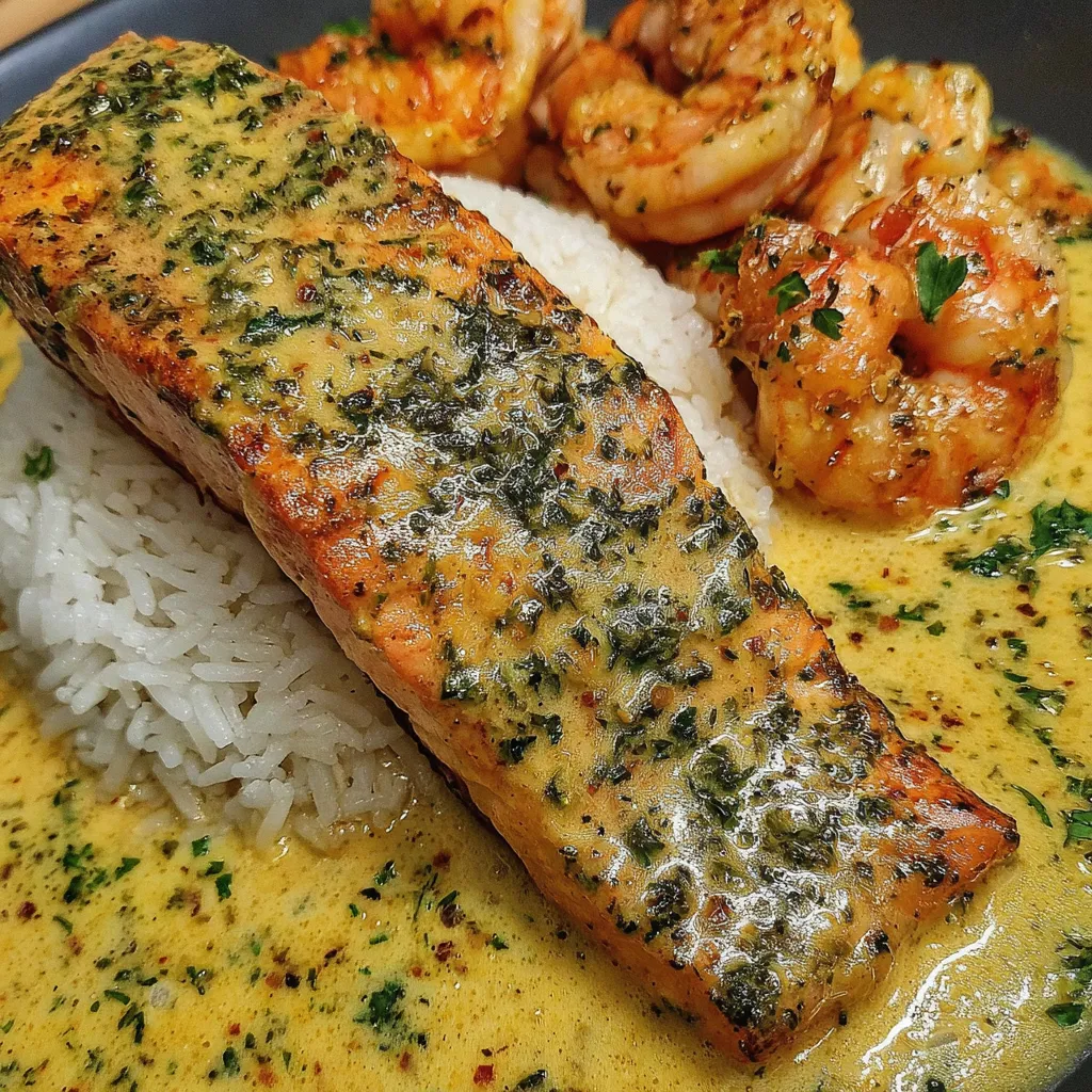 A plate of food with shrimp and salmon on top of rice.