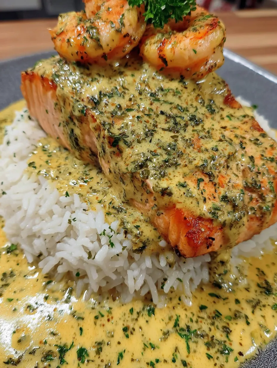A plate of food with shrimp and salmon on top of rice.