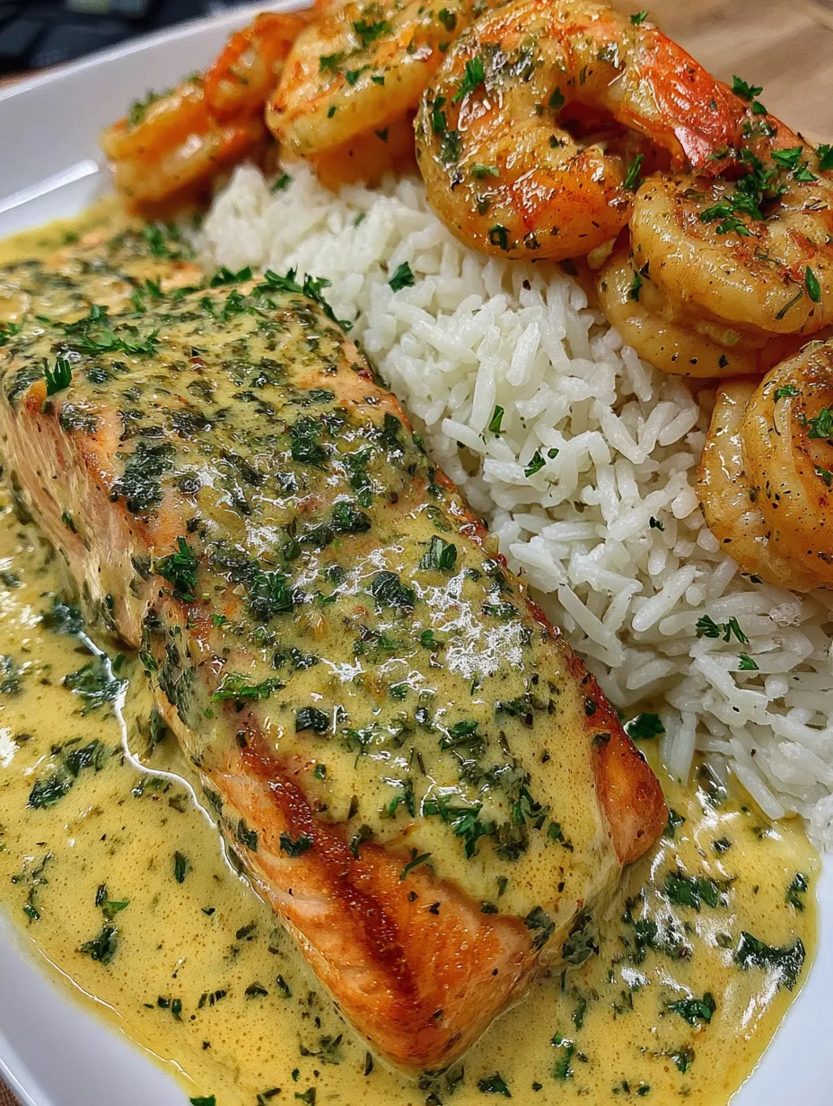 A plate of food with shrimp and salmon over rice.