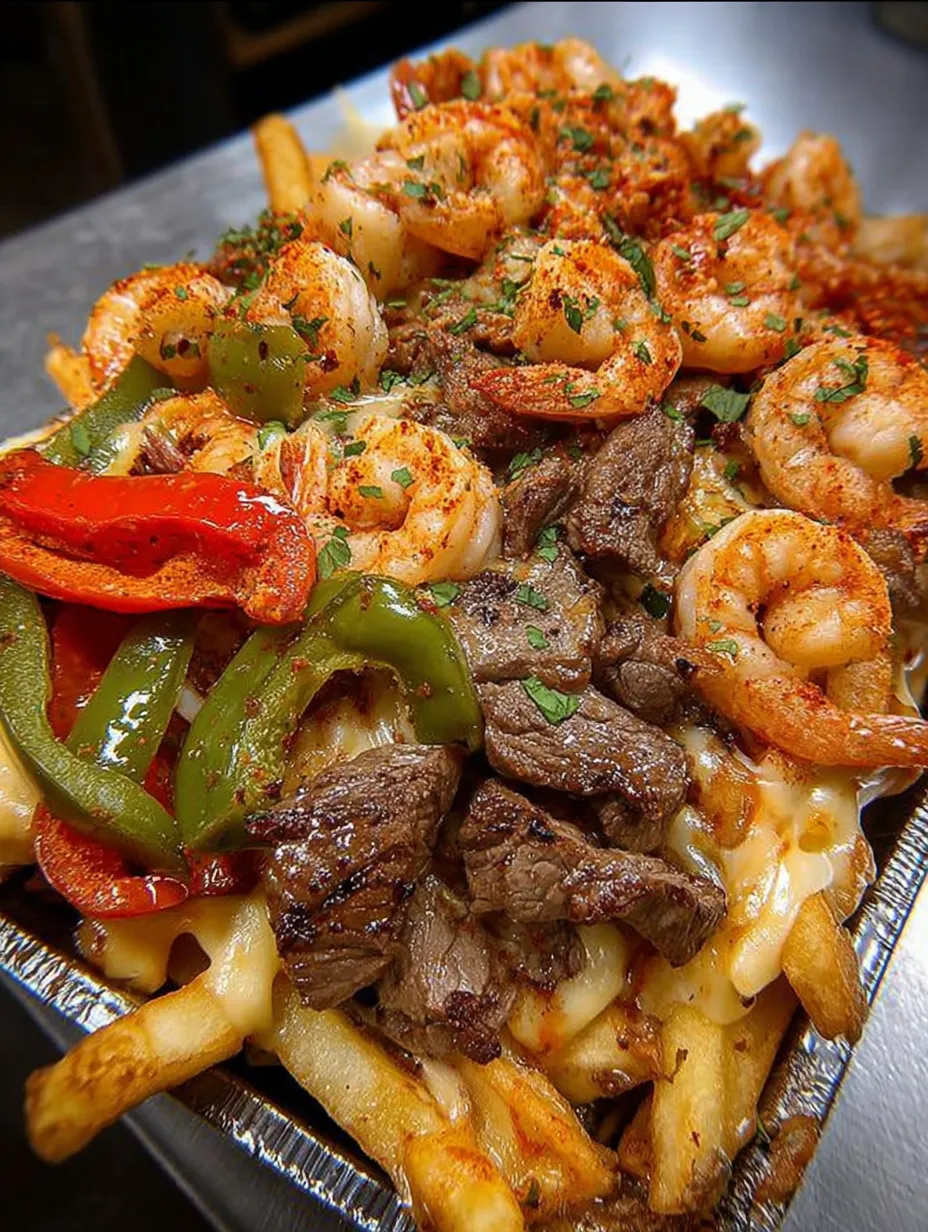 A plate of food with shrimp and steak on it.