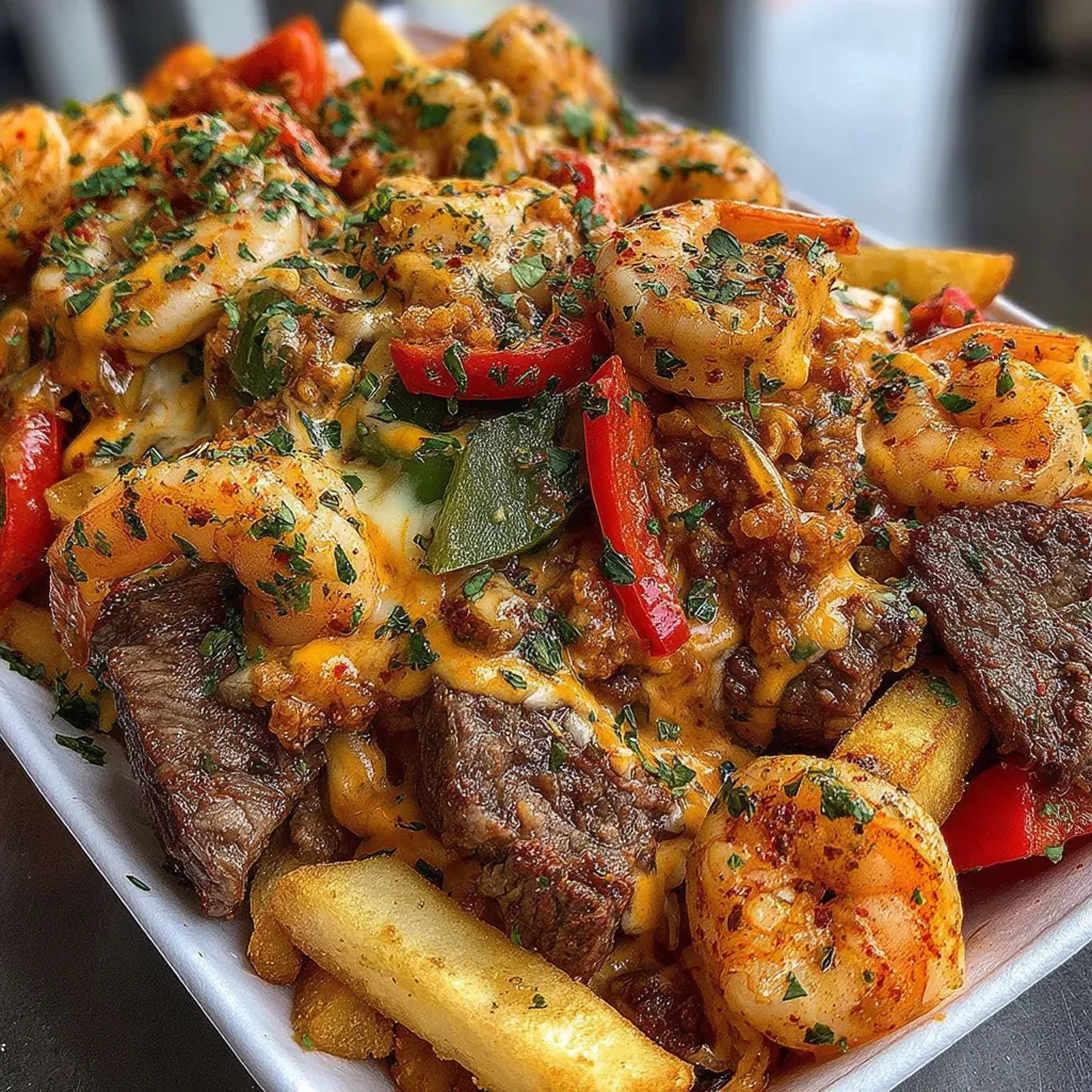 A plate of food with shrimp and steak.