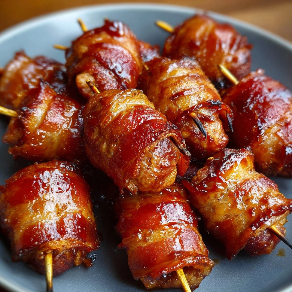 Bacon wrapped sausage roll ups on a plate.