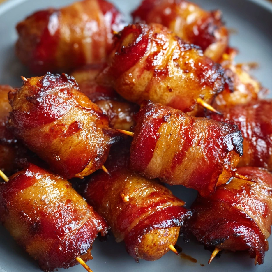 Bacon wrapped sausage roll ups on a plate.