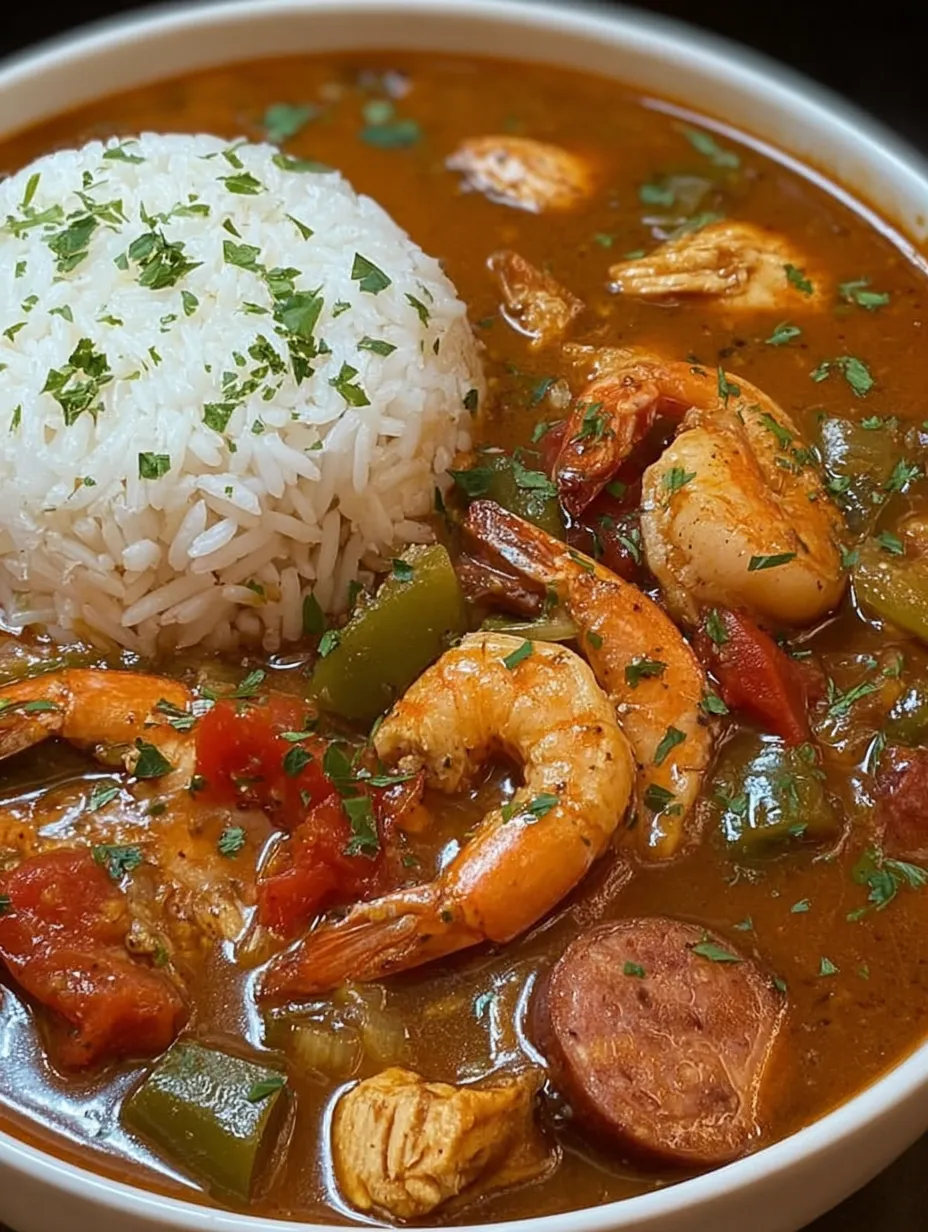 A bowl of gumbo with shrimp, chicken, and sausage.