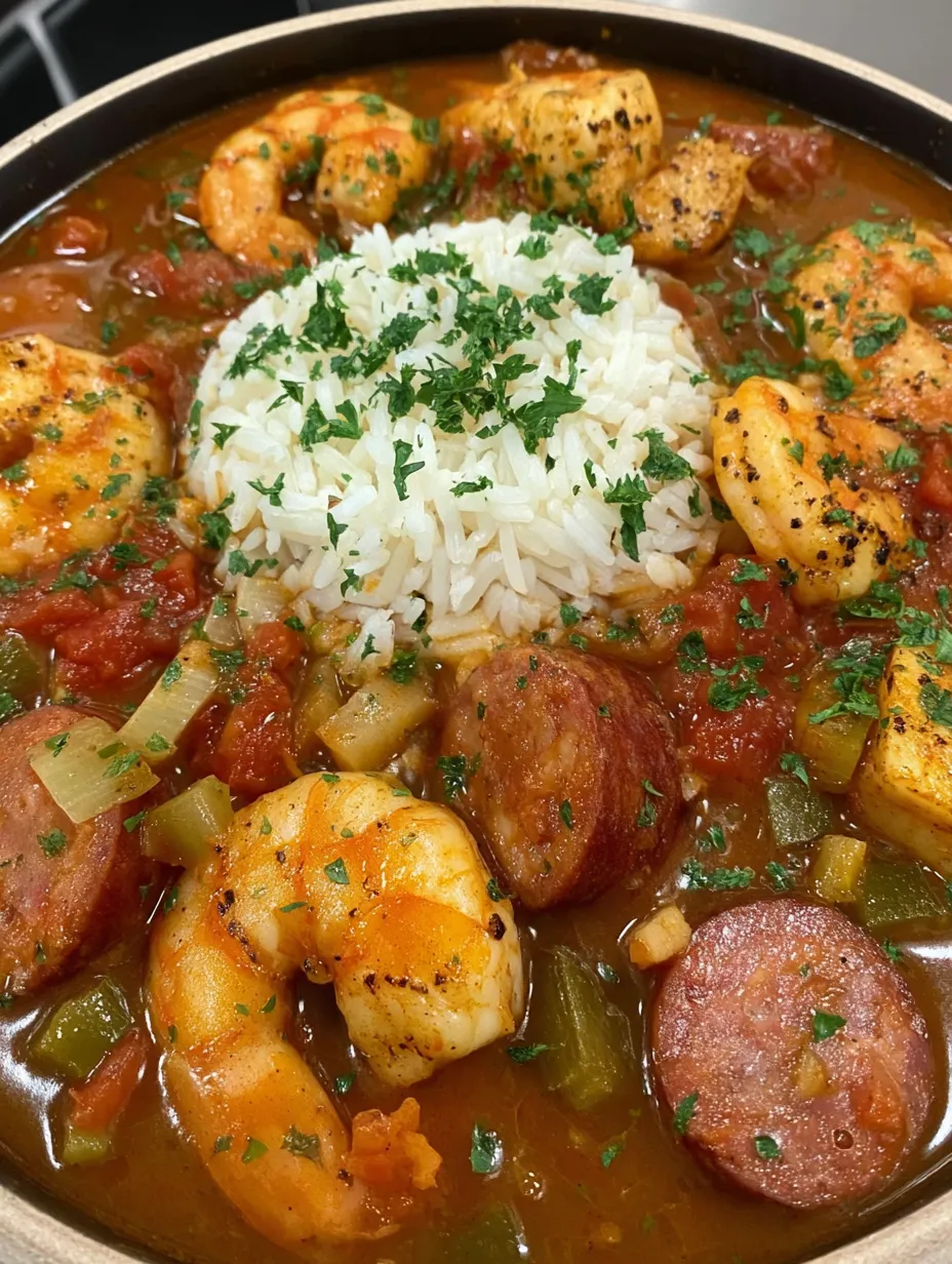 A bowl of gumbo with shrimp, sausage, and rice.