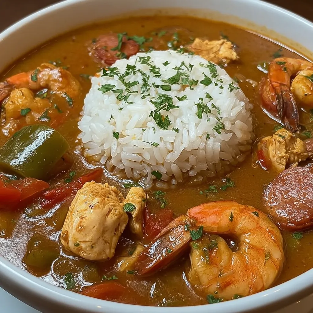 A bowl of gumbo with chicken, shrimp, and sausage.