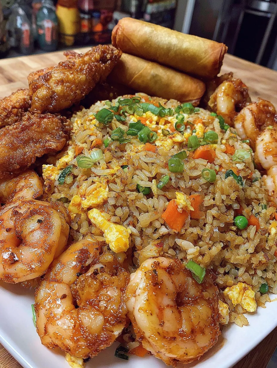 A plate of food with shrimp, rice, and vegetables.