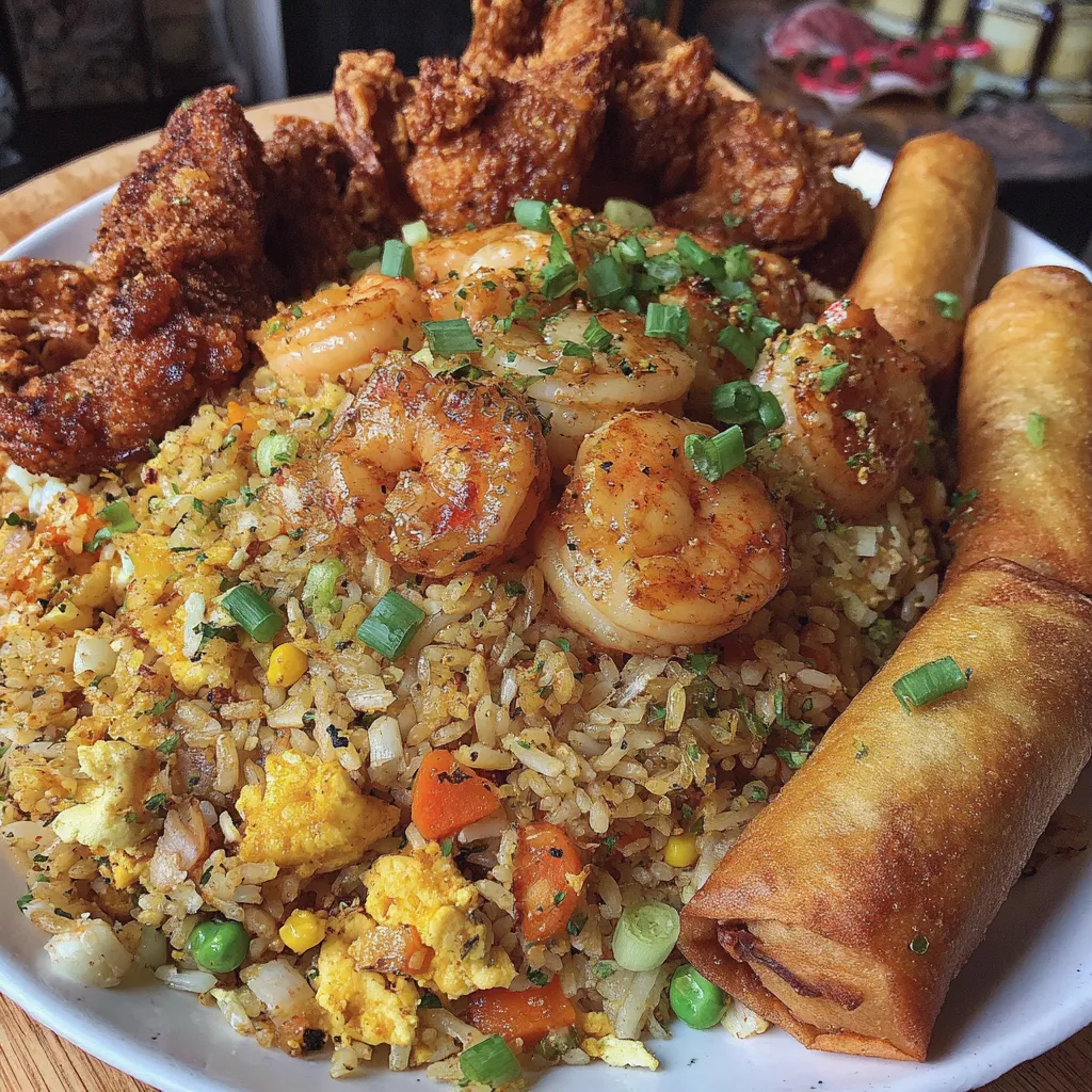A plate of food with shrimp and chicken wings.